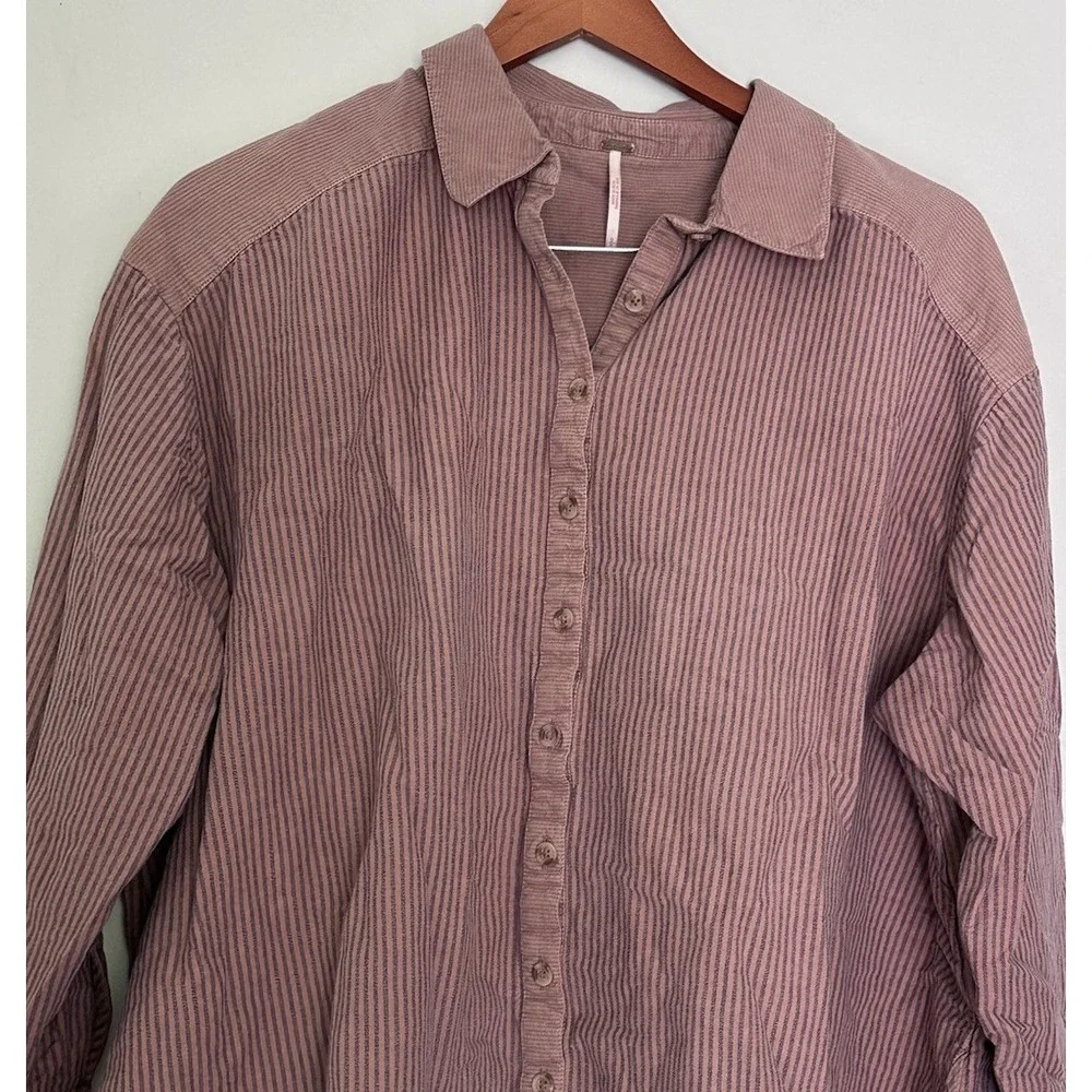 Free People Women Long Sleeve Oversized Button Down Shirt SP Pink Purple Striped